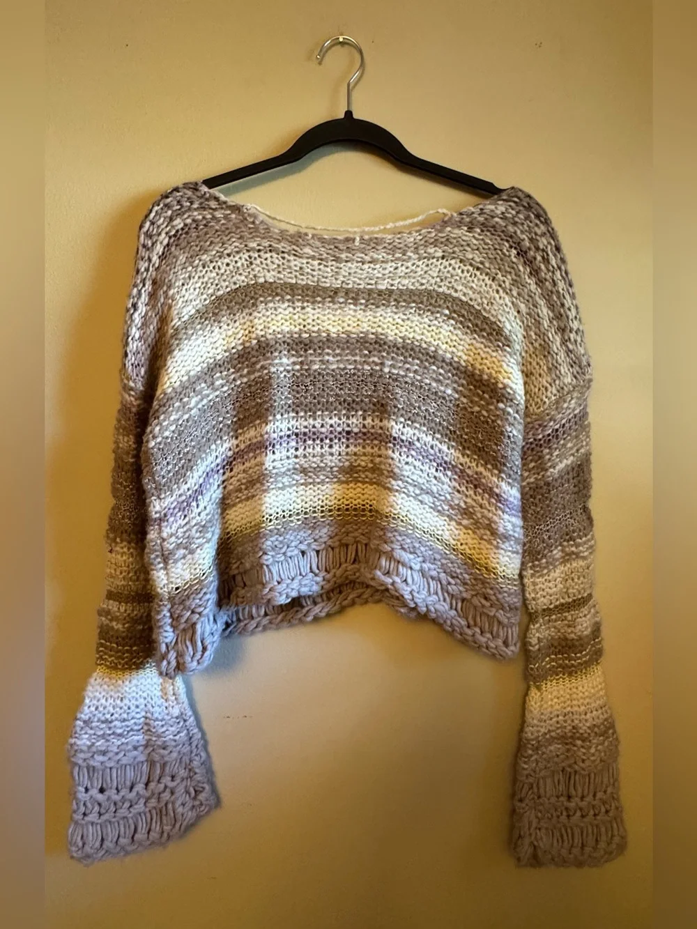 Free People Striped Cropped Crew Sweater in Cream, Taupe and Purple